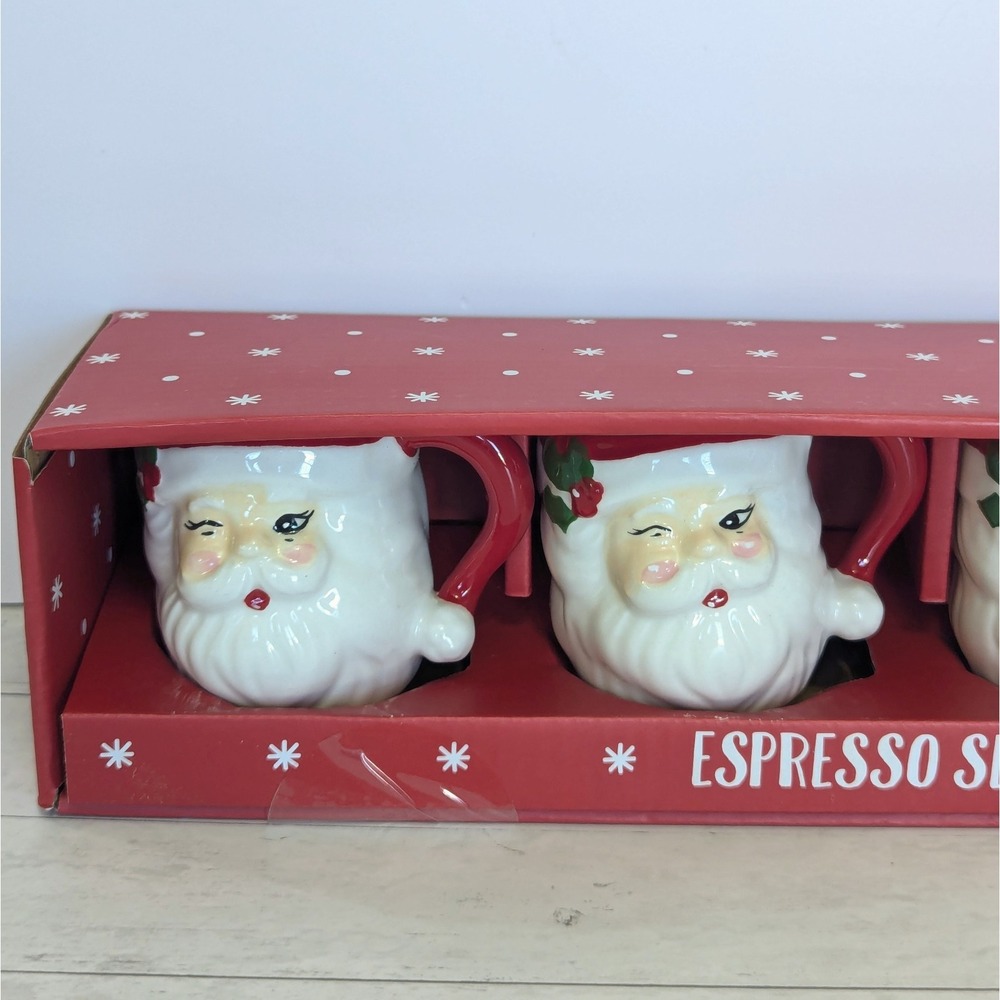 LANG Mini Winking Santa Mugs Espresso Set Of 4 Christmas-Hand Painted